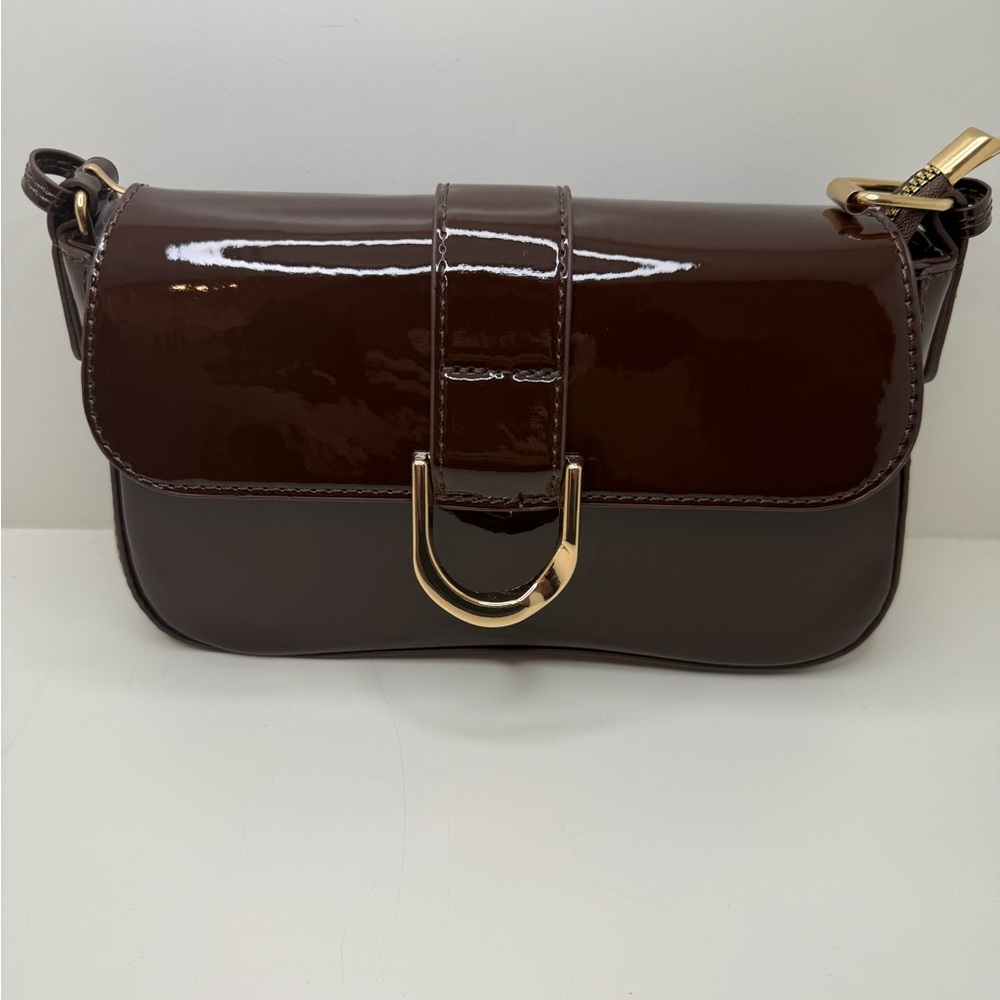 Stylish Patent Leather Crossbody Bag – Dark Brown with Gold Hardware